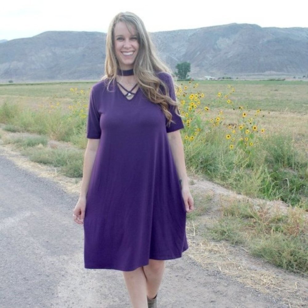 Zenana NWT Large Purple Choker Dress Plum Criss Cross Strappy Knee Length